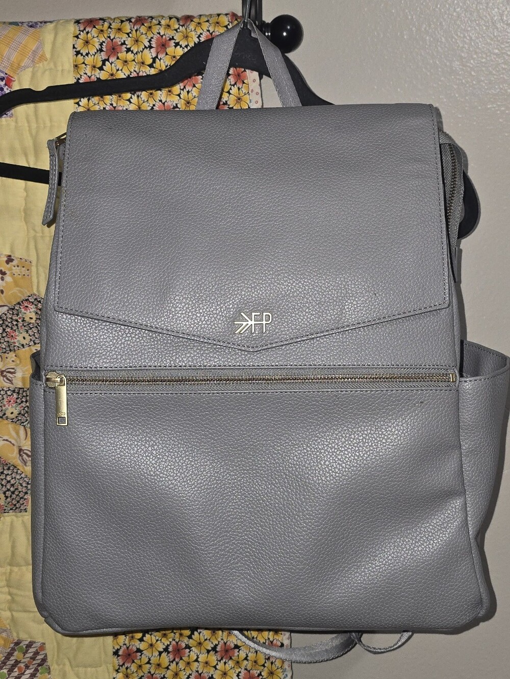 Freshly Picked Textured Gray Backpack Diaper Bag with Gold Accents